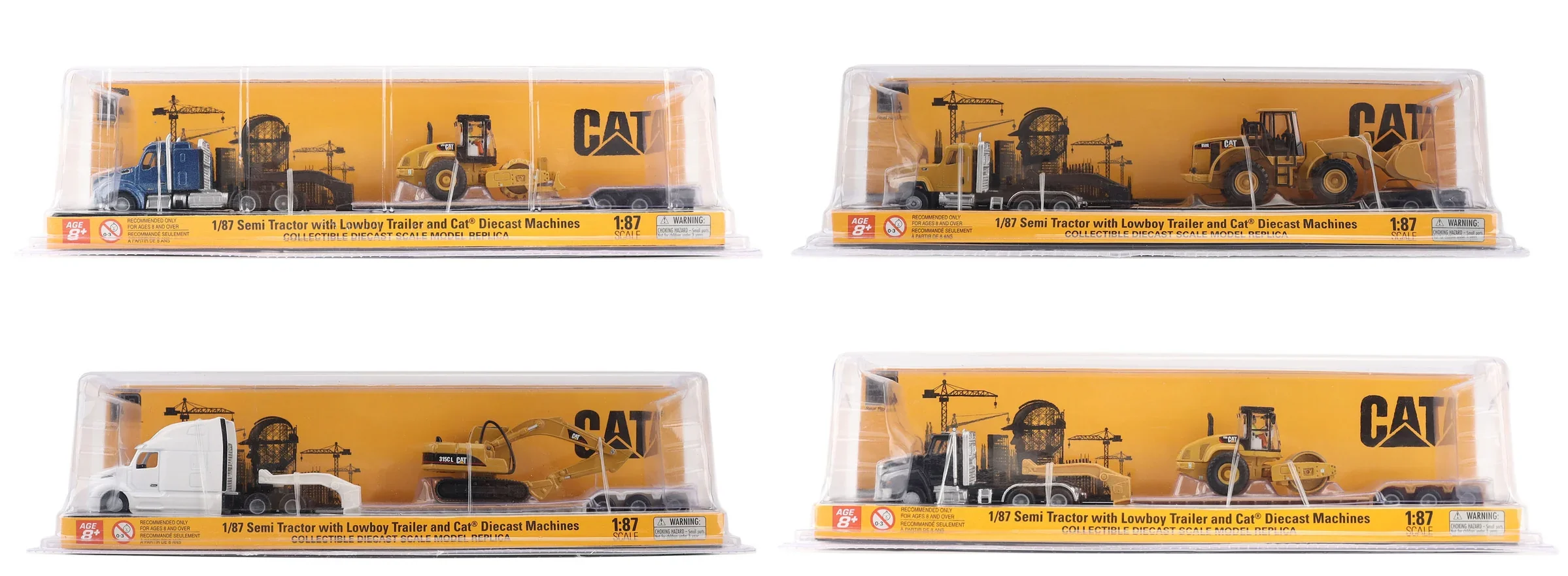 1:87 Cat Semi-Tractor with Lowboy Trailer and Cat Diecast Machines Series II Assortment (Contains 4 Units Each of 84418, 84423, 84424, & 84425) #84411A