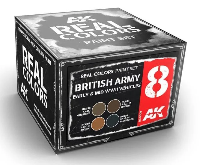 AK REAL COLORS: British Army Early & Mid WWII Vehicles RCS008 Acrylic Lacquer Paint Set (4)x10ml)