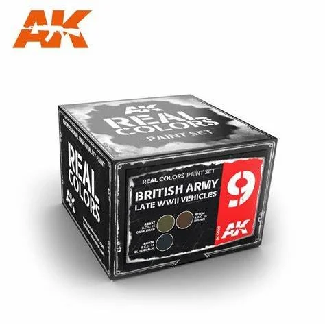 AK REAL COLORS: British Army Late WWII Vehicles RCS009 Acrylic Lacquer Paint Set (3)x10ml)