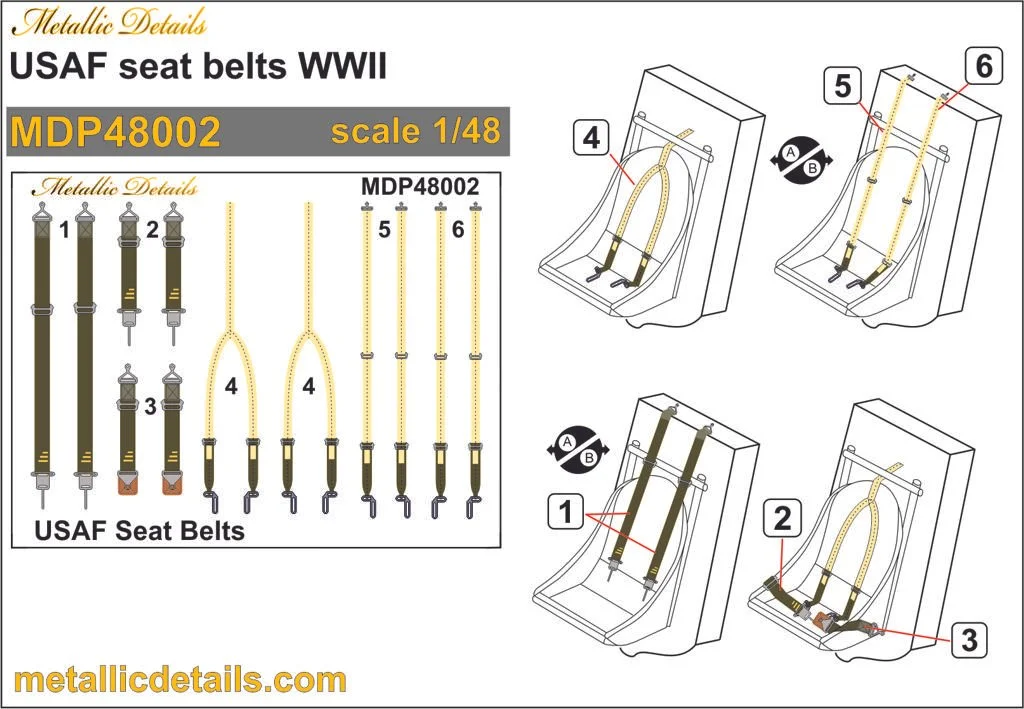 1/48 Metallic Details USAF Seat Belts WWII 3D Decals #MDP48002